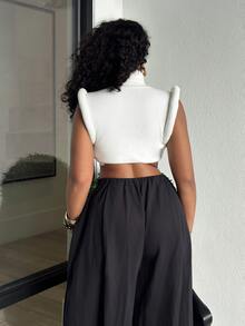 Alexandranx High Neck Rolled Sleeve Crop Knit Top Sexy Top Fashionable Top GNO Concert Girls Night Out - White - View 2
