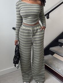 Alexandranx Women's Daily Wear Essential Knit Elastic Comfortable Asymmetric Collar Long Sleeve Top And Wide Leg Sweatpants 2 Pieces Set - Multicolor - View 6