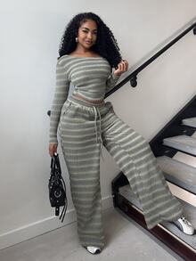 Alexandranx Women's Daily Wear Essential Knit Elastic Comfortable Asymmetric Collar Long Sleeve Top And Wide Leg Sweatpants 2 Pieces Set - Multicolor - View 1