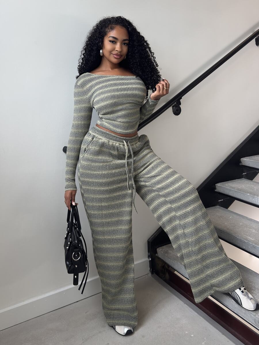 Alexandranx Women's Daily Wear Essential Knit Elastic Comfortable Asymmetric Collar Long Sleeve Top And Wide Leg Sweatpants 2 Pieces Set - Multicolor - View 1