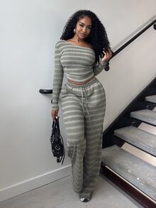 Alexandranx Women's Daily Wear Essential Knit Elastic Comfortable Asymmetric Collar Long Sleeve Top And Wide Leg Sweatpants 2 Pieces Set - Multicolor - View 4