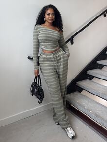Alexandranx Women's Daily Wear Essential Knit Elastic Comfortable Asymmetric Collar Long Sleeve Top And Wide Leg Sweatpants 2 Pieces Set - Multicolor - View 3
