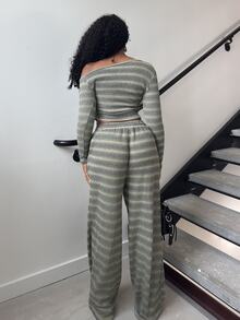 Alexandranx Women's Daily Wear Essential Knit Elastic Comfortable Asymmetric Collar Long Sleeve Top And Wide Leg Sweatpants 2 Pieces Set - Multicolor - View 2