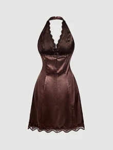 Skyraze Women's Lace Patchwork Fashion Date Night Out Vacation Party Mini Halter Dress Dark Brown Summer Sexy Romantic - Brown - View 2