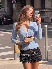SHEIN MOD Women 1 Piece Cable Knit Embroidered V Neck Long Sleeve Button Front Cropped Light Blue Sweet Girly Preppy Cardigan Sweater School Christmas Fall - Blue - View 5