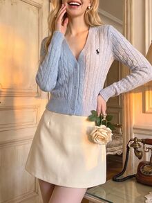 SHEIN MOD Women 1 Piece Cable Knit Embroidered V Neck Long Sleeve Button Front Cropped Light Blue Sweet Girly Preppy Cardigan Sweater School Christmas Fall - Blue - View 2