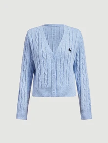 SHEIN MOD Women 1 Piece Cable Knit Embroidered V Neck Long Sleeve Button Front Cropped Light Blue Sweet Girly Preppy Cardigan Sweater School Christmas Fall - Blue - View 9