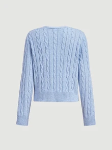 SHEIN MOD Women 1 Piece Cable Knit Embroidered V Neck Long Sleeve Button Front Cropped Light Blue Sweet Girly Preppy Cardigan Sweater School Christmas Fall - Blue - View 10