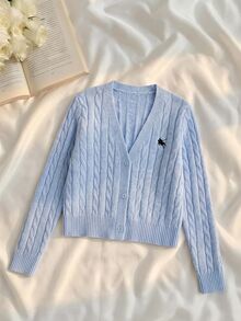 SHEIN MOD Women 1 Piece Cable Knit Embroidered V Neck Long Sleeve Button Front Cropped Light Blue Sweet Girly Preppy Cardigan Sweater School Christmas Fall - Blue - View 4