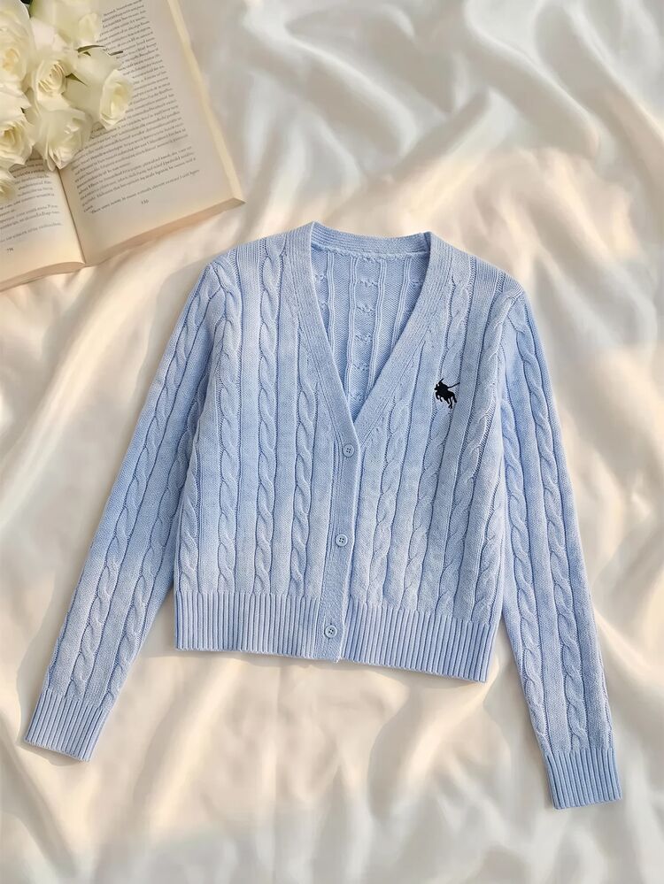 SHEIN MOD 女款 1 件裝 淺藍色 針織麻花刺繡 V 領長袖前開扣短版開襟毛衣，甜美少女學院風，適合校園、聖誕、秋季 - 藍色 - 查看 4