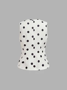 SHEIN MOD 女款黑白波點V領上衣與迷你裙套裝，通勤、下午茶、約會之夜、餐廳、生日、優雅法式萬聖節秋季套裝 - 黑與白 - 查看 8