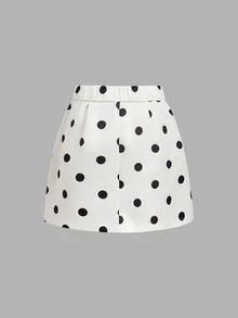 SHEIN MOD 女款黑白波點V領上衣與迷你裙套裝，通勤、下午茶、約會之夜、餐廳、生日、優雅法式萬聖節秋季套裝 - 黑與白 - 查看 6