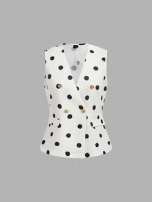 SHEIN MOD 女款黑白波點V領上衣與迷你裙套裝，通勤、下午茶、約會之夜、餐廳、生日、優雅法式萬聖節秋季套裝 - 黑與白 - 查看 7