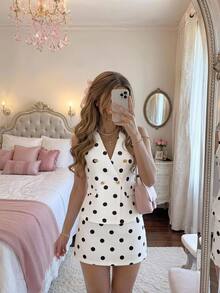 SHEIN MOD 女款黑白波點V領上衣與迷你裙套裝，通勤、下午茶、約會之夜、餐廳、生日、優雅法式萬聖節秋季套裝 - 黑與白 - 查看 3