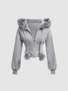 SHEIN MOD Women's Casual Fur Collar Hooded Sweatshirt, Autumn/Winter - Grey - View 5