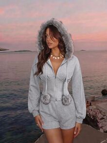SHEIN MOD Women's Casual Fur Collar Hooded Sweatshirt, Autumn/Winter - Grey - View 4