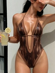 SHEIN Swim Women's Fashion Deep V-Neck Backless One-Piece Bikini - Brown - View 1
