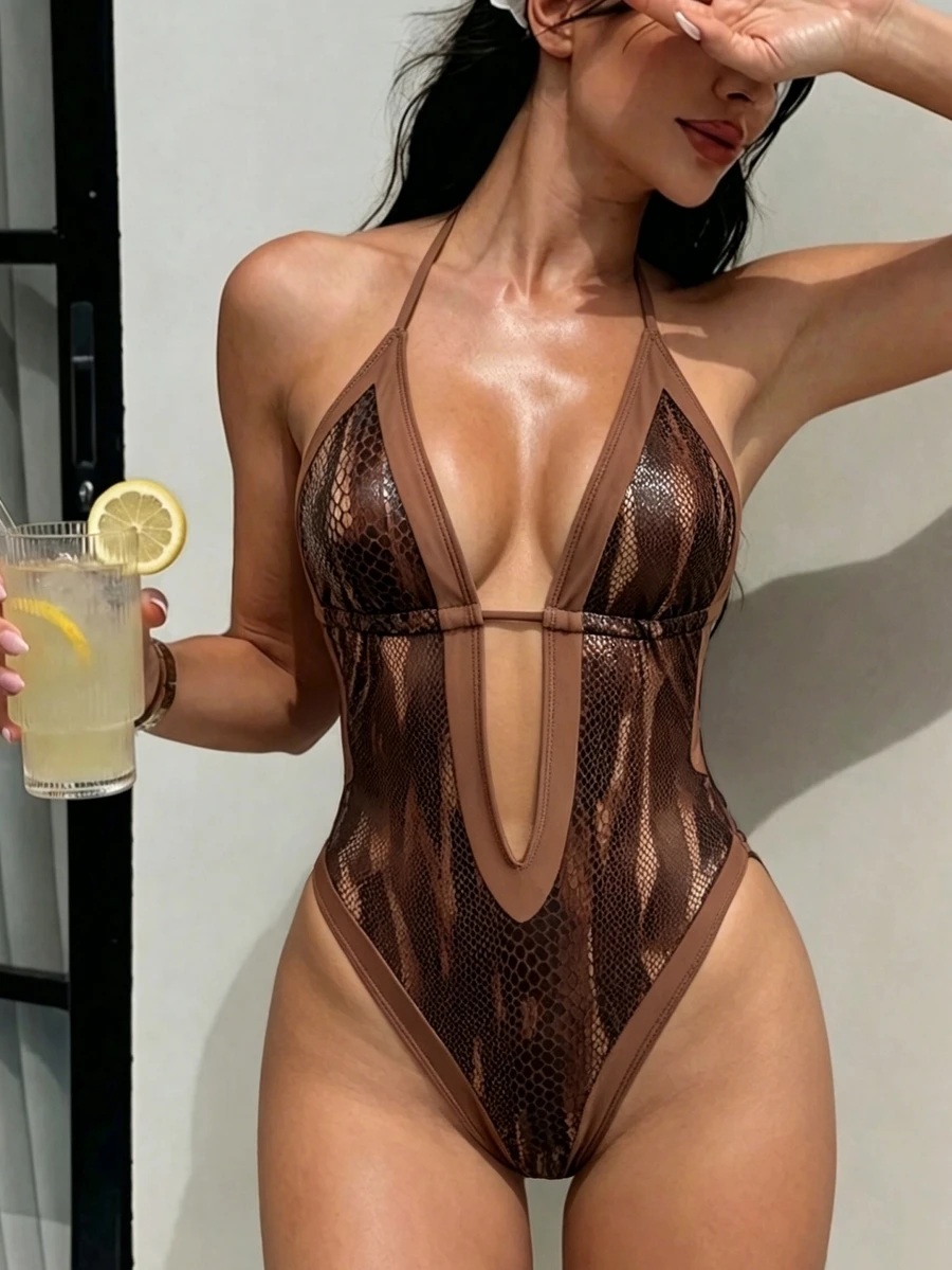 SHEIN Swim Women's Fashion Deep V-Neck Backless One-Piece Bikini - Brown - View 1