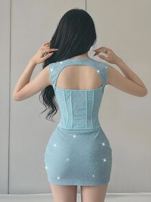SHEIN ICON Women's 2pcs Lace Waist-Cinching Patchwork Top And Mini Bodycon Skirt Set Date Night Light Blue Blue Summer - Blue - View 2