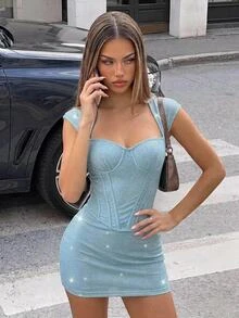 SHEIN ICON Women's 2pcs Lace Waist-Cinching Patchwork Top And Mini Bodycon Skirt Set Date Night Light Blue Blue Summer - Blue - View 1