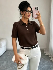 Elenzga Plus Size Women's Casual Elegant Solid Color Polo T-ShirtDaily Commute Everyday School - Multicolor - View 1