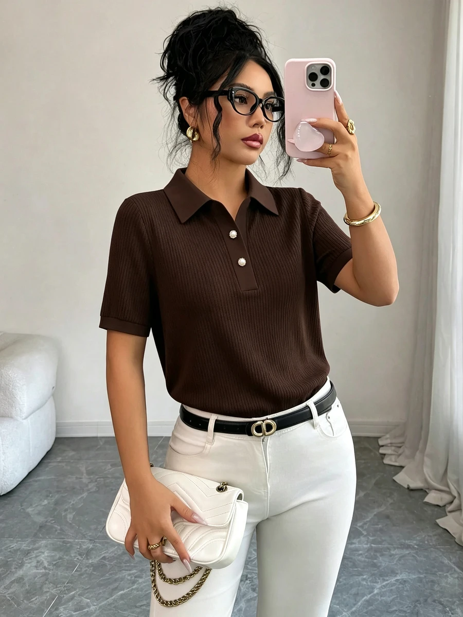 Elenzga Plus Size Women's Casual Elegant Solid Color Polo T-ShirtDaily Commute Everyday School - Multicolor - View 1