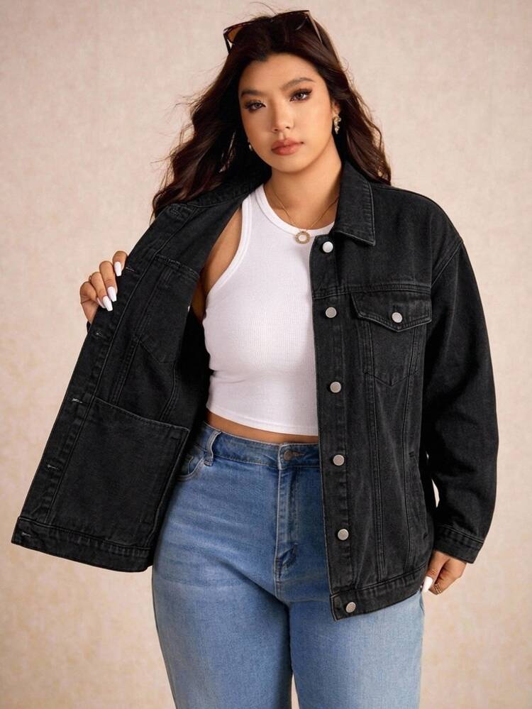 Elaquor Plus Size Women's Black Denim Jacket, Loose Fit Single-Breasted Jean Jacket With Pockets, Casual Streetwear Fall Outerwear, Vintage Washed Coat - Black - View 3