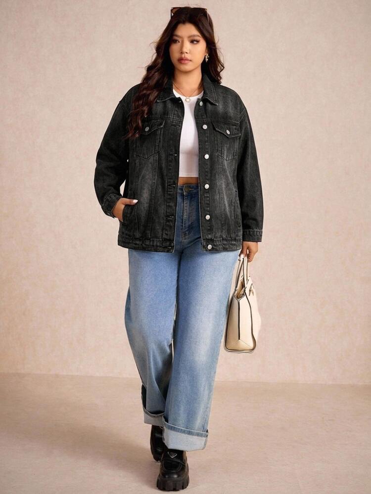 Elaquor Plus Size Women's Black Denim Jacket, Loose Fit Single-Breasted Jean Jacket With Pockets, Casual Streetwear Fall Outerwear, Vintage Washed Coat - Black - View 4