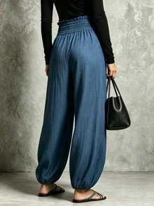 SHEIN Women Textured Harem Pants, Ruffle Elastic High Waist Drawstring Joggers, Loose Casual Cuffed Ankle Trousers With Side Pockets For Daily Vacation Wear - Blue - View 3
