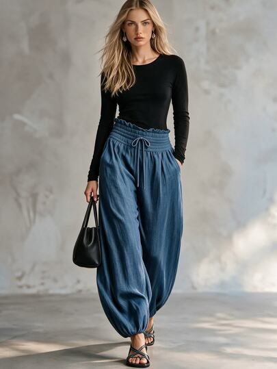 SHEIN Women Textured Harem Pants, Ruffle Elastic High Waist Drawstring Joggers, Loose Casual Cuffed Ankle Trousers With Side Pockets For Daily Vacation Wear