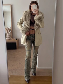 SHEIN ICON Women's Winter Warm Vintage Boho Beige Plush Patchwork Fashion Versatile Daily Casual Fitted Faux Fur Trim Long Sleeve Jacket - Apricot - View 3