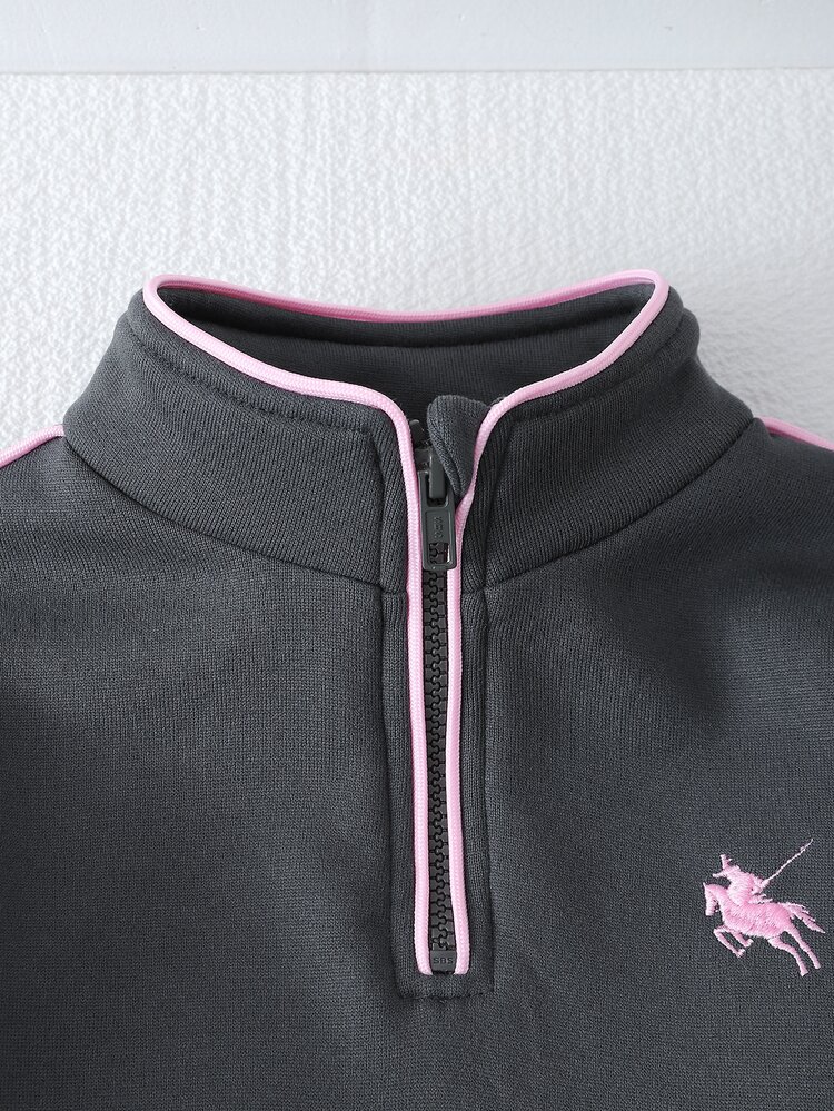 SHEIN Bộ quần áo cho bé gái chập chững phong cách preppy thêu patch, áo nỉ dày nửa khóa kéo cổ đứng tay dài và quần ống rộng, trang phục mùa thu sinh nhật 7 tuổi - Màu xám đen - Xem 9