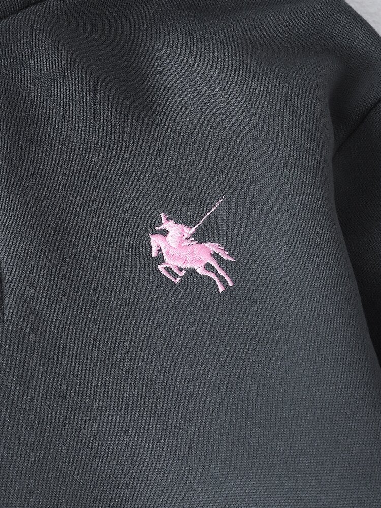 SHEIN Bộ quần áo cho bé gái chập chững phong cách preppy thêu patch, áo nỉ dày nửa khóa kéo cổ đứng tay dài và quần ống rộng, trang phục mùa thu sinh nhật 7 tuổi - Màu xám đen - Xem 8