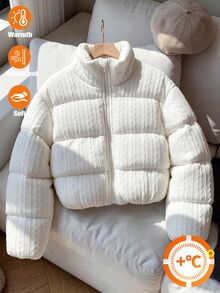 青少年女孩白色可愛端莊麻花編織紋理立領短版夾克冬外套，適合學校與社團穿著 - 白色 - 查看 4