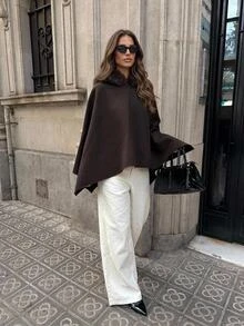 Aloruh Women's Autumn/Winter Elegant Solid Color Patchwork Faux Fur Hooded Cape Overcoat Fur Trim Coat Short Blazer Cape Coat Hooded Cloak Brown Coat - Mocha Brown - View 5