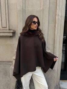 Aloruh Women's Autumn/Winter Elegant Solid Color Patchwork Faux Fur Hooded Cape Overcoat Fur Trim Coat Short Blazer Cape Coat Hooded Cloak Brown Coat - Mocha Brown - View 3