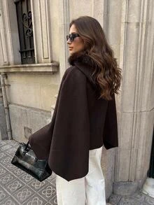 Aloruh Women's Autumn/Winter Elegant Solid Color Patchwork Faux Fur Hooded Cape Overcoat Fur Trim Coat Short Blazer Cape Coat Hooded Cloak Brown Coat - Mocha Brown - View 2