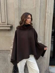 Aloruh Women's Autumn/Winter Elegant Solid Color Patchwork Faux Fur Hooded Cape Overcoat Fur Trim Coat Short Blazer Cape Coat Hooded Cloak Brown Coat - Mocha Brown - View 6
