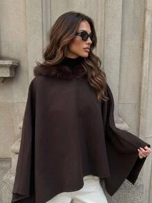 Aloruh Women's Autumn/Winter Elegant Solid Color Patchwork Faux Fur Hooded Cape Overcoat Fur Trim Coat Short Blazer Cape Coat Hooded Cloak Brown Coat - Mocha Brown - View 1