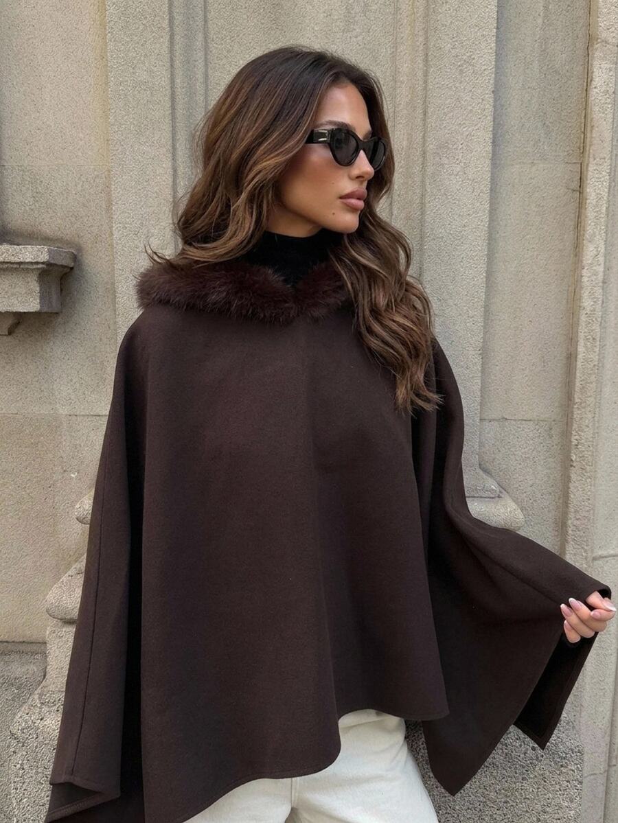 Aloruh Women's Autumn/Winter Elegant Solid Color Patchwork Faux Fur Hooded Cape Overcoat Fur Trim Coat Short Blazer Cape Coat Hooded Cloak Brown Coat - Mocha Brown - View 1