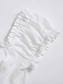 Elamini Women's Summer Solid Color Waist-Cinched Ruffle Tie-Cuff Short Sleeve Shirt - White - View 8