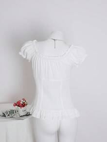Elamini Women's Summer Solid Color Waist-Cinched Ruffle Tie-Cuff Short Sleeve Shirt - White - View 2