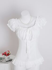 Elamini Women's Summer Solid Color Waist-Cinched Ruffle Tie-Cuff Short Sleeve Shirt - White - View 3