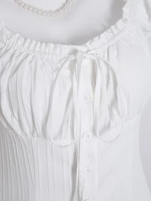 Elamini Women's Summer Solid Color Waist-Cinched Ruffle Tie-Cuff Short Sleeve Shirt - White - View 5