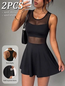 Slayform Slayform Spring/Summer Women's Sports Dress, Black Sexy Front Contrast Mesh, Large Scoop Neck, Ruffle Hem, Y-Back Strap, Detachable Lining Shorts And Pockets, Suitable For Daily Casual, Running, Yoga, Gym, Tennis, Golf - Black - View 5