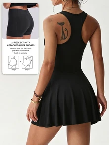 Slayform Slayform Spring/Summer Women's Sports Dress, Black Sexy Front Contrast Mesh, Large Scoop Neck, Ruffle Hem, Y-Back Strap, Detachable Lining Shorts And Pockets, Suitable For Daily Casual, Running, Yoga, Gym, Tennis, Golf - Black - View 2