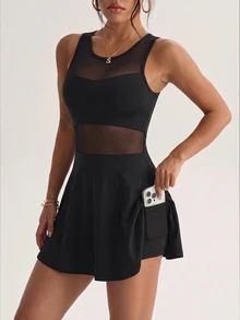 Slayform Slayform Spring/Summer Women's Sports Dress, Black Sexy Front Contrast Mesh, Large Scoop Neck, Ruffle Hem, Y-Back Strap, Detachable Lining Shorts And Pockets, Suitable For Daily Casual, Running, Yoga, Gym, Tennis, Golf - Black - View 3