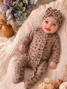 SHEIN Newborn Baby Girl's Pink And Black Leopard Print Footed Jumpsuit With Bow Cap Cute Autumn Honeycomb Knit Ruffle Dress For Matching Family - Coffee Brown - View 2