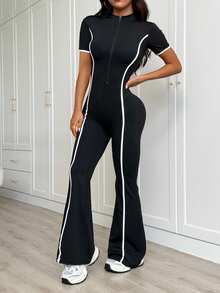 Dewbera Dewbera 1pc Black Contrast Color Jumpsuit, Shaping Yoga Outfit, Soft & Comfortable Fit, Suitable For Sports, Fitness, Workout - Black - View 6