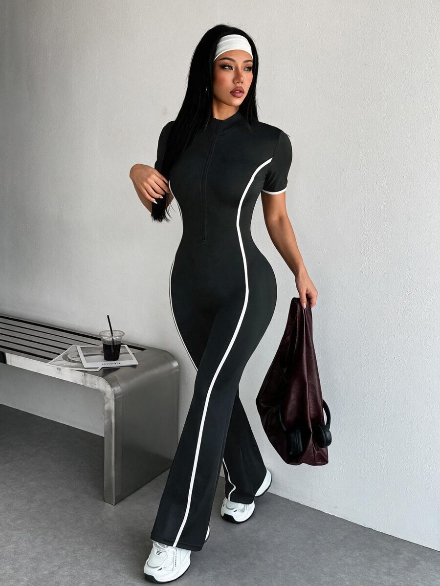 Dewbera Dewbera 1pc Black Contrast Color Jumpsuit, Shaping Yoga Outfit, Soft & Comfortable Fit, Suitable For Sports, Fitness, Workout - Black - View 1